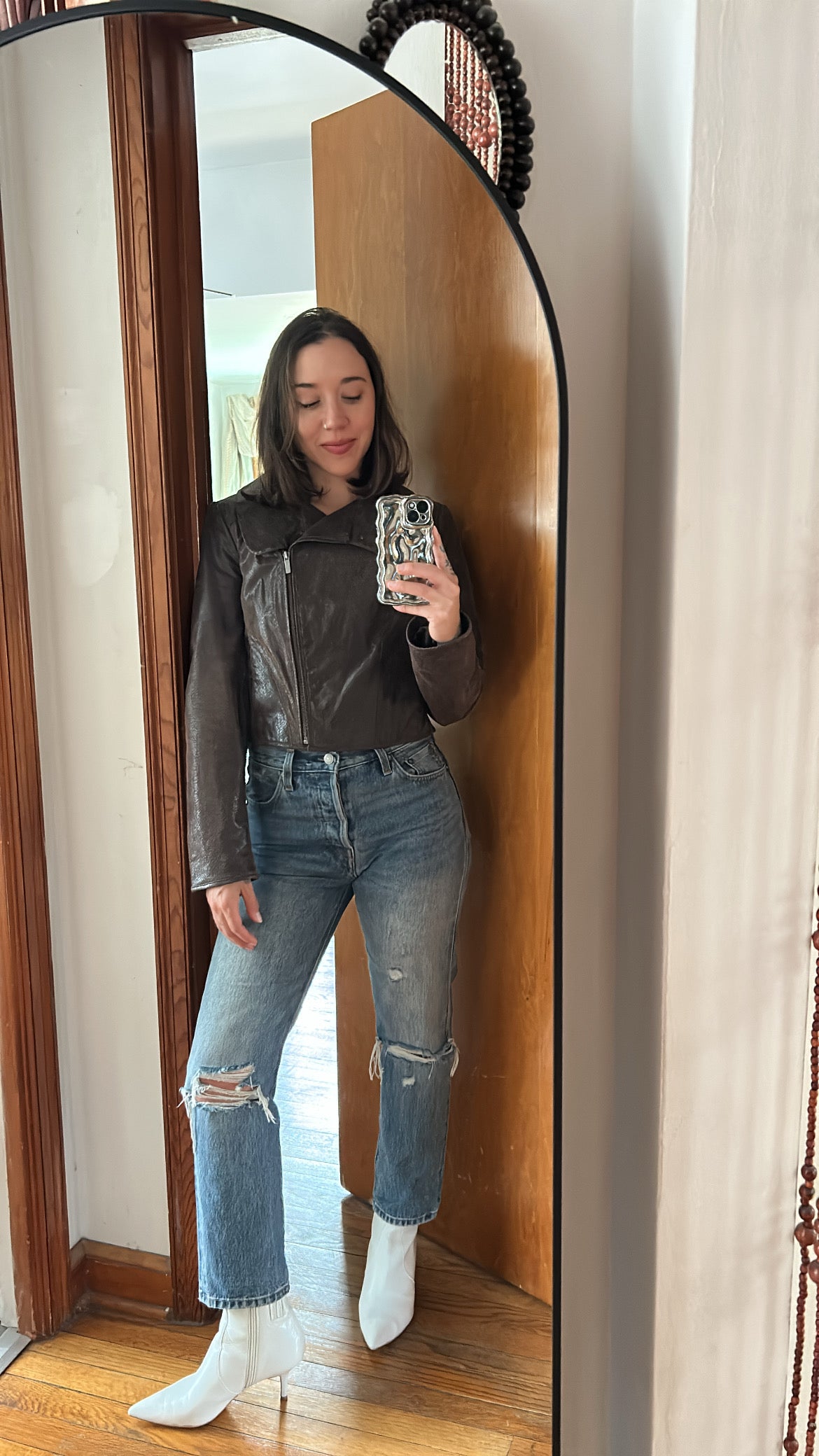 Brown Leather Crop Bomber