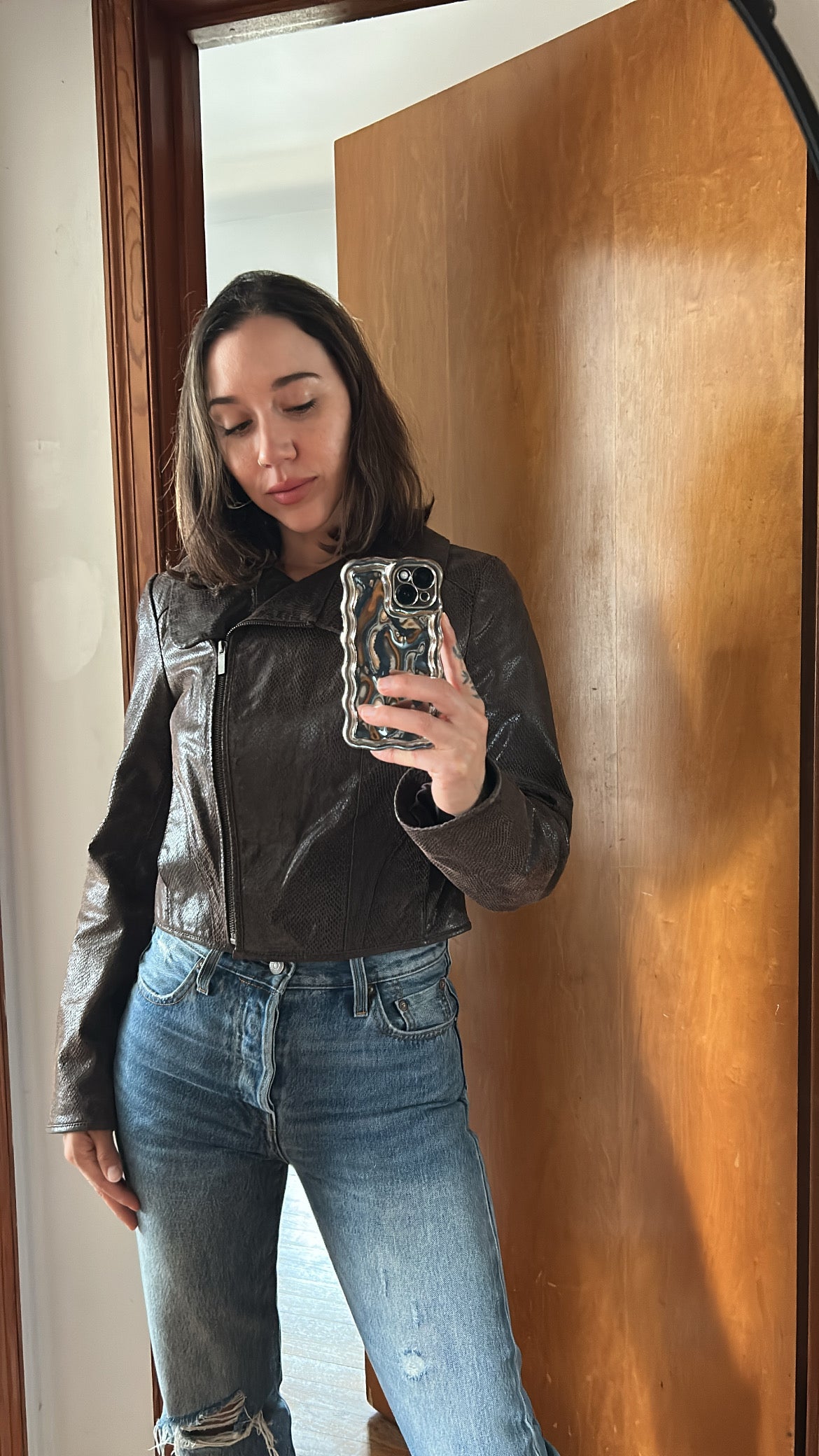 Brown Leather Crop Bomber