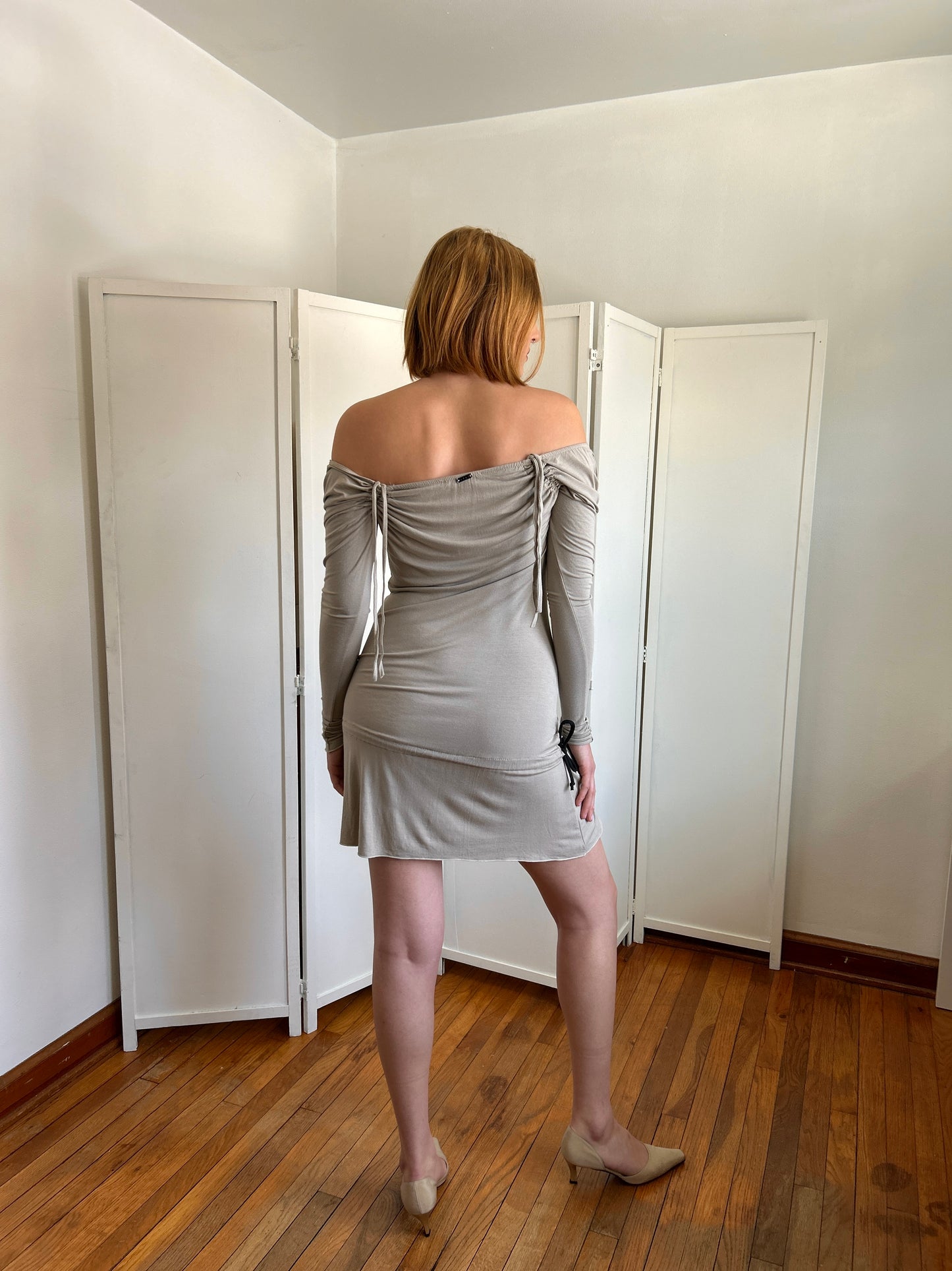 Neutral Ruched Drawstring Dress