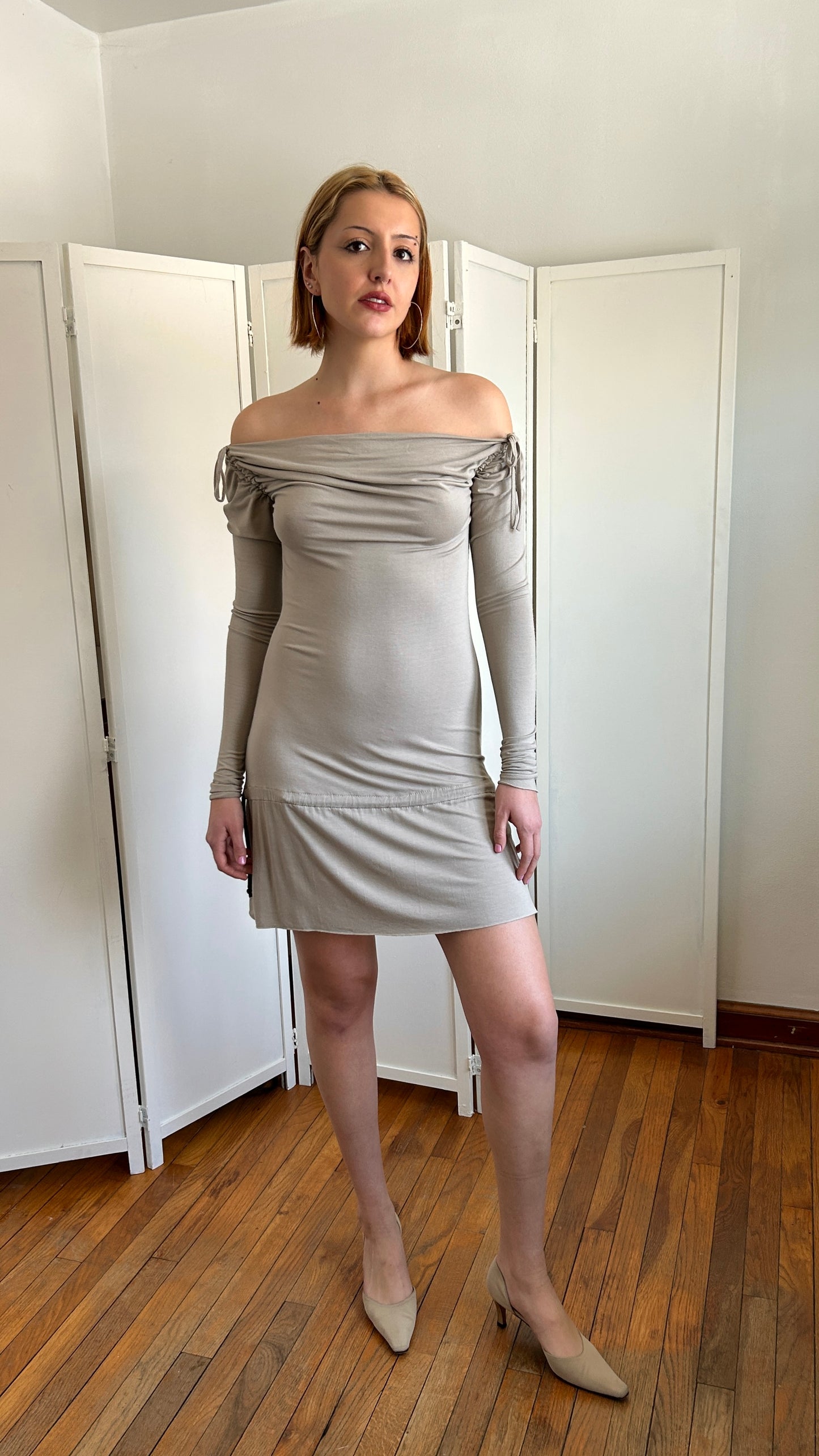 Neutral Ruched Drawstring Dress