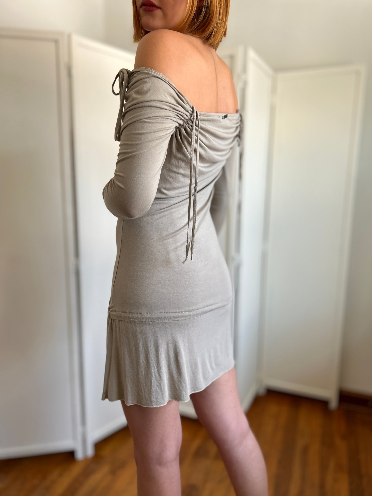 Neutral Ruched Drawstring Dress