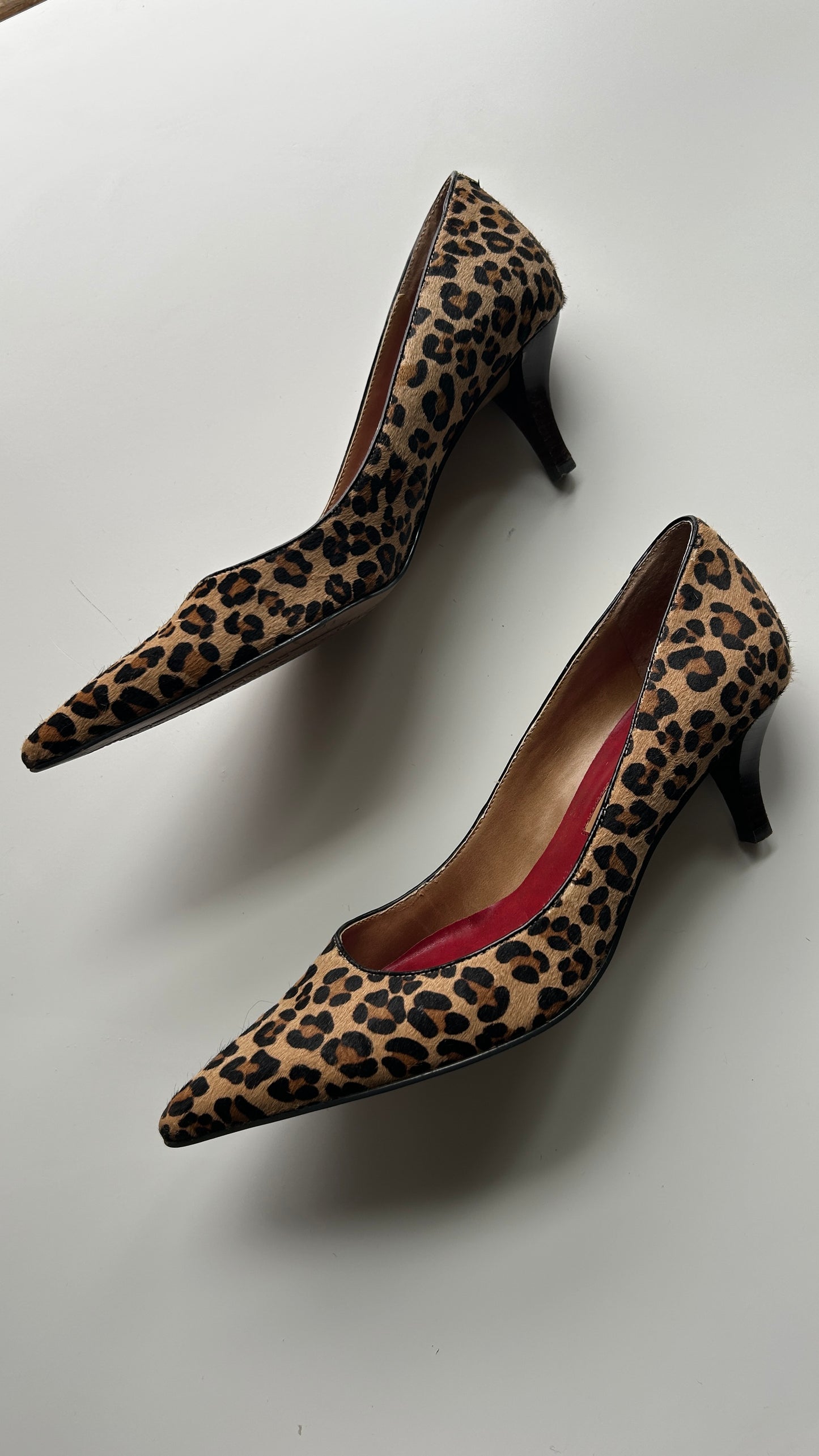 Calf Hair Leopard Print Pointed Toe Kitten Heels