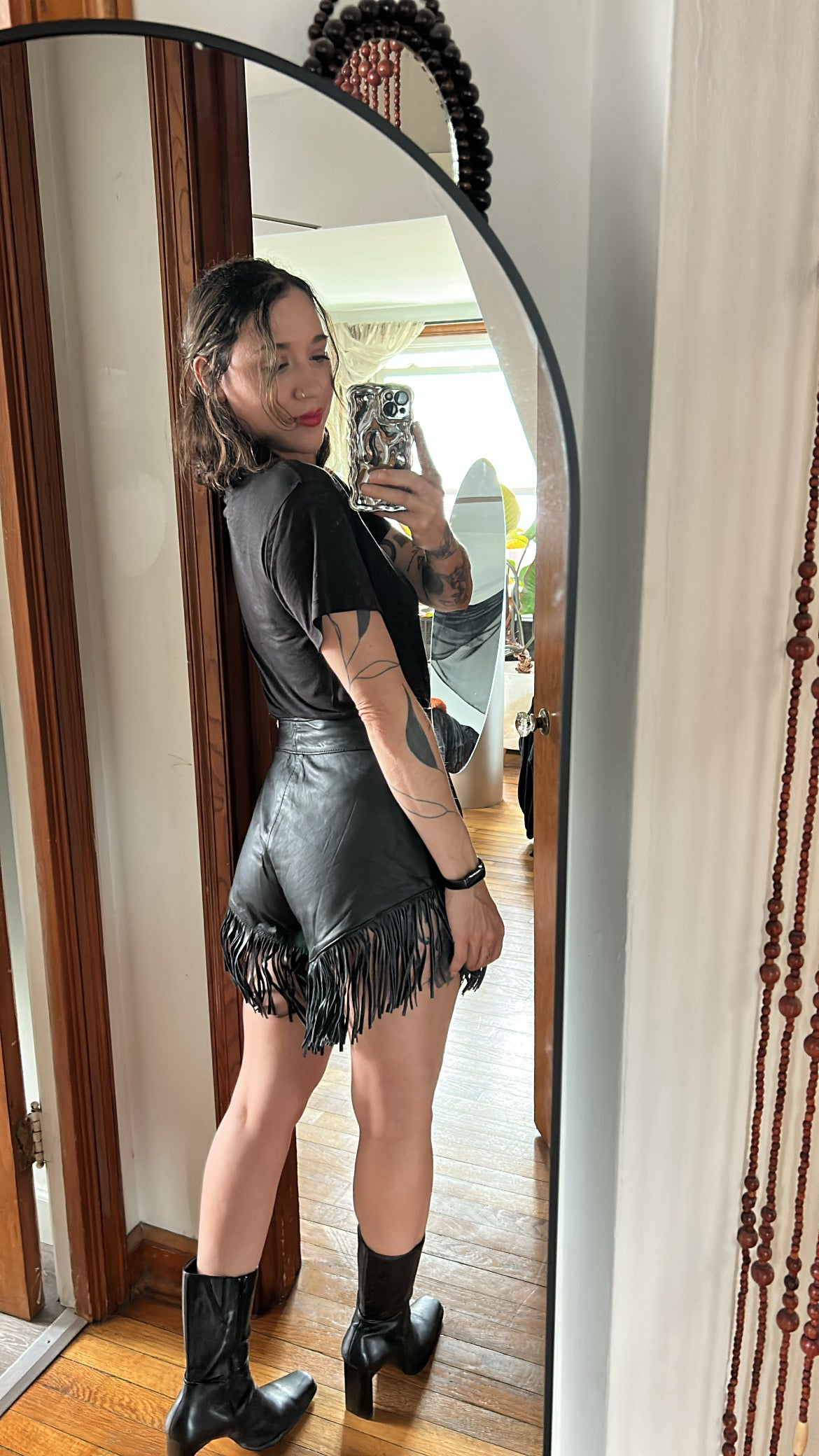 Black Leather Fringe Shorts
