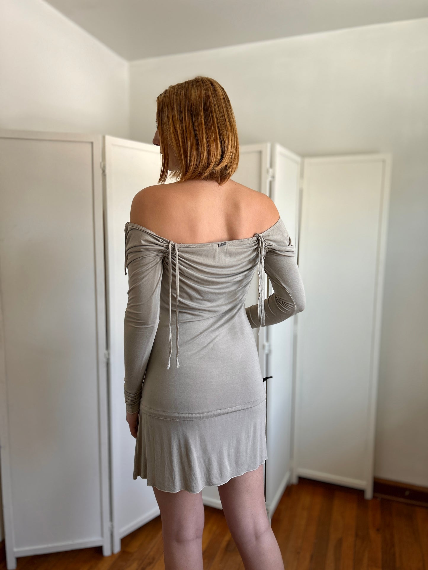 Neutral Ruched Drawstring Dress