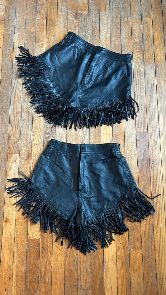 Black Leather Fringe Shorts