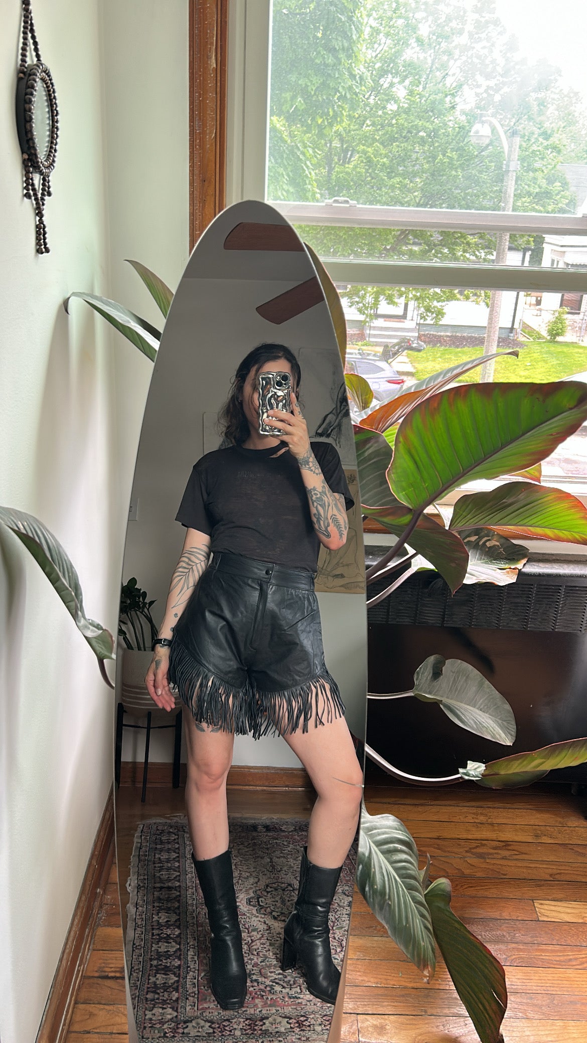 Black Leather Fringe Shorts