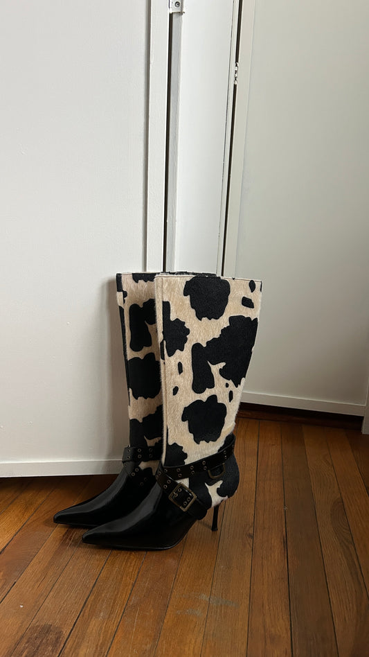 Cow Print Knee High Boots