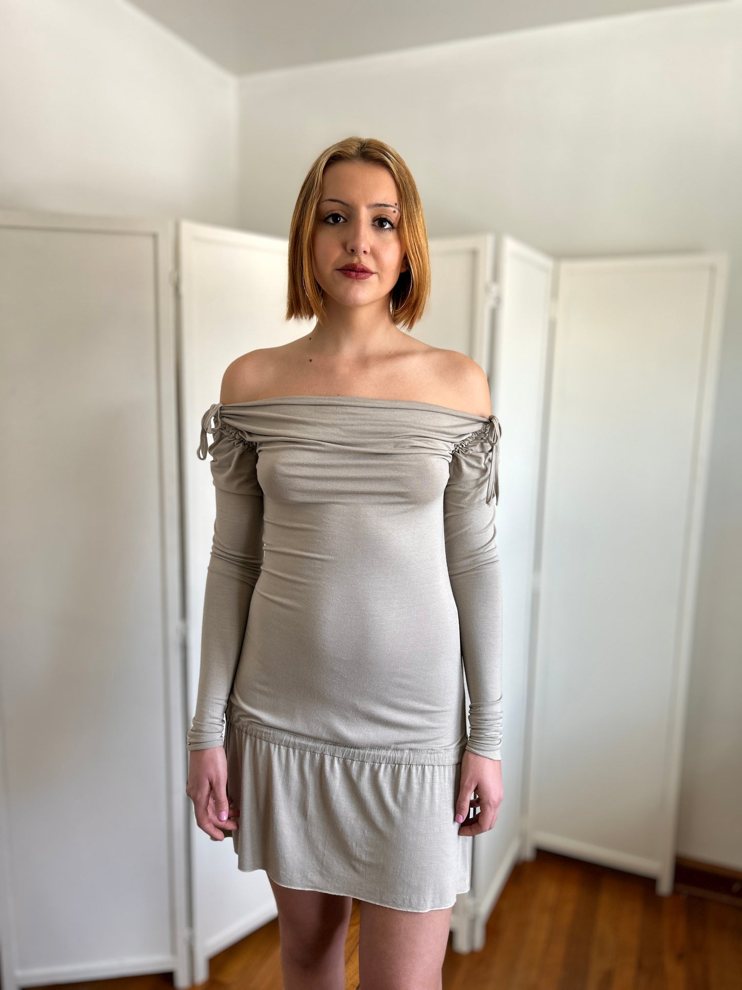 Neutral Ruched Drawstring Dress