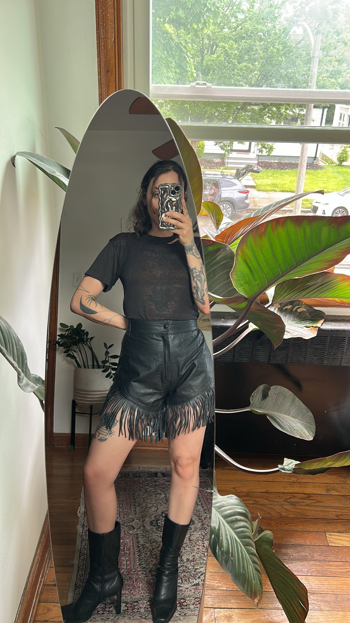Black Leather Fringe Shorts