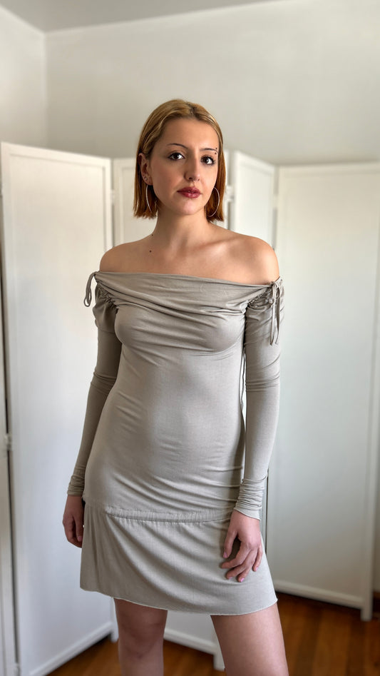 Neutral Ruched Drawstring Dress